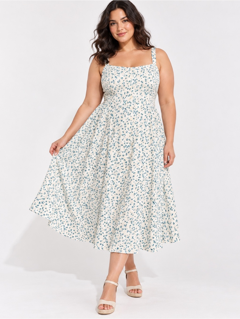 Torrid Women’s Size 2 Ivory Blue Floral Gauze Button Front Midi Dress Pockets